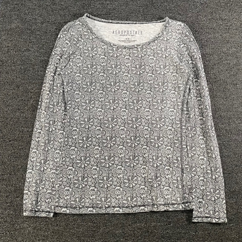 Aeropostale Floral Long Sleeve Top Womens Medium Gray Black Good Lace Print